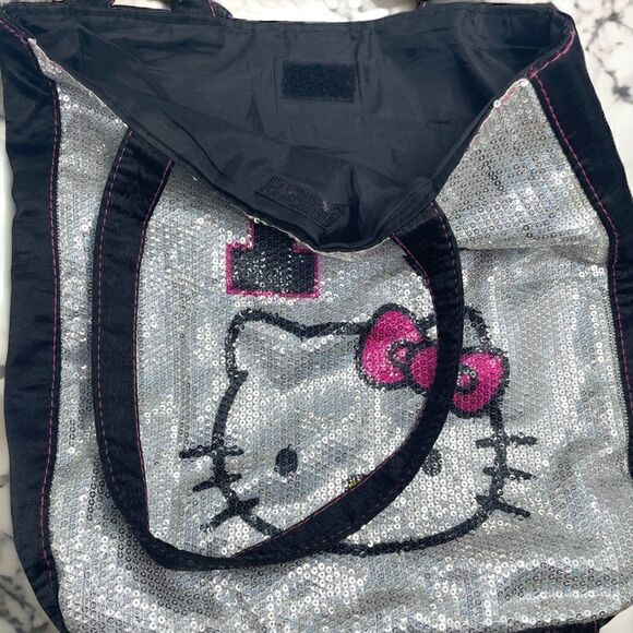 I 💗 Hello Kitty l Silver Sequined Tote l Black & Pink l Double-handle l EUC - Picture 5 of 10